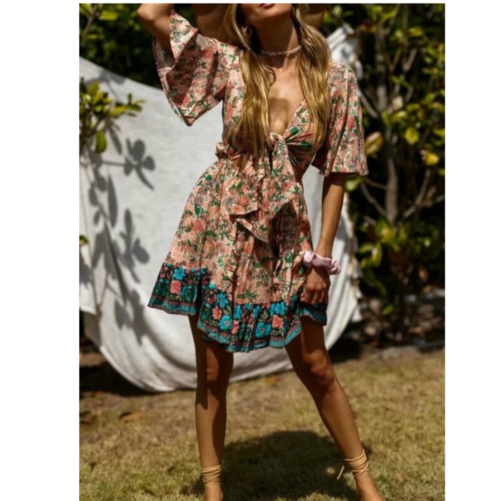 Boho Floral Print Front Tie butterfly sleeve Dress - Picture 2 of 9